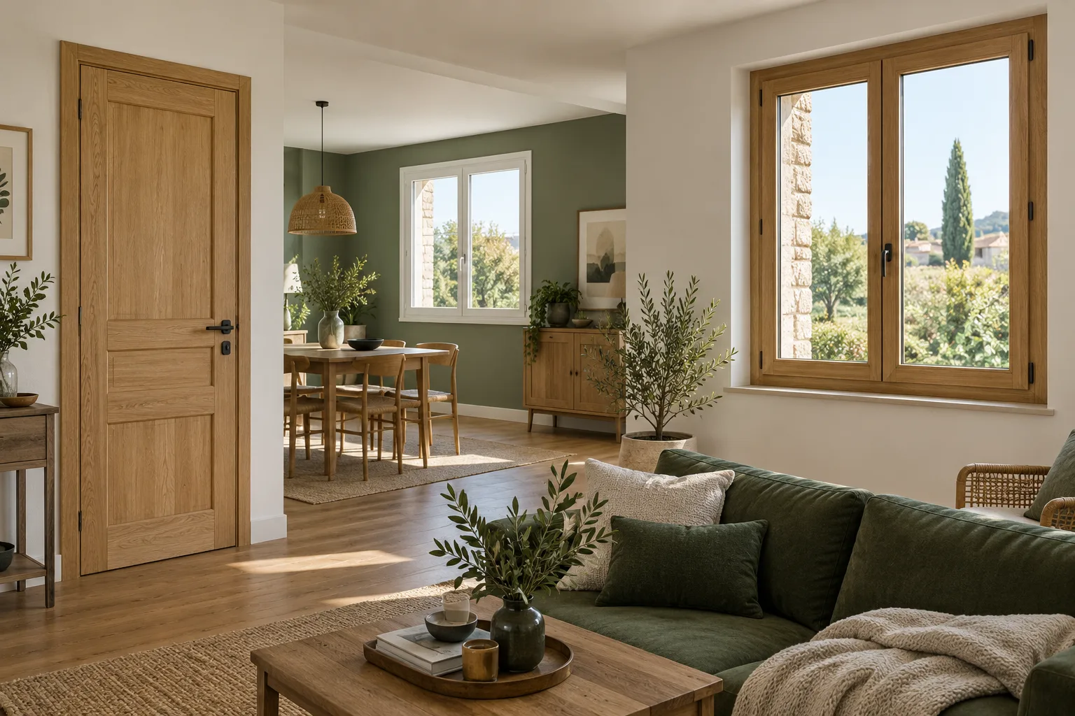 Illustration d’un intérieur avec une porte en bois et des fenêtres en bois et PVC.